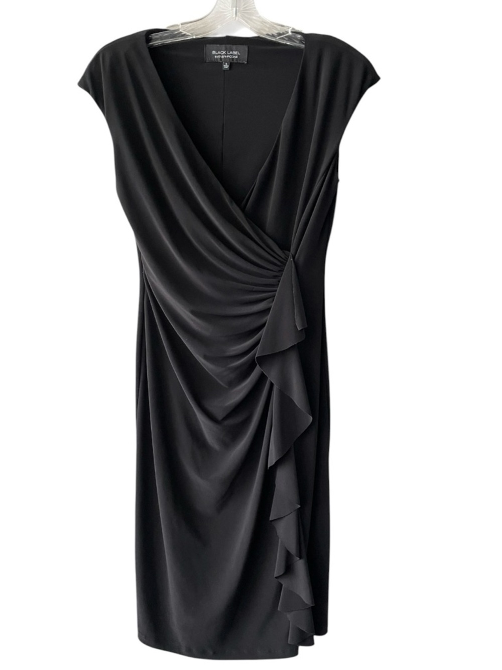 Black Label by Evan-Picone Ruched Ruffle Midi Sheath Dress V Neck Black Size 6